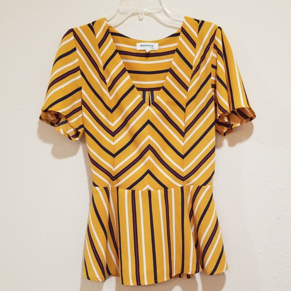 Monteau Multi Colored Chevron Striped Peplum Hem Blouse